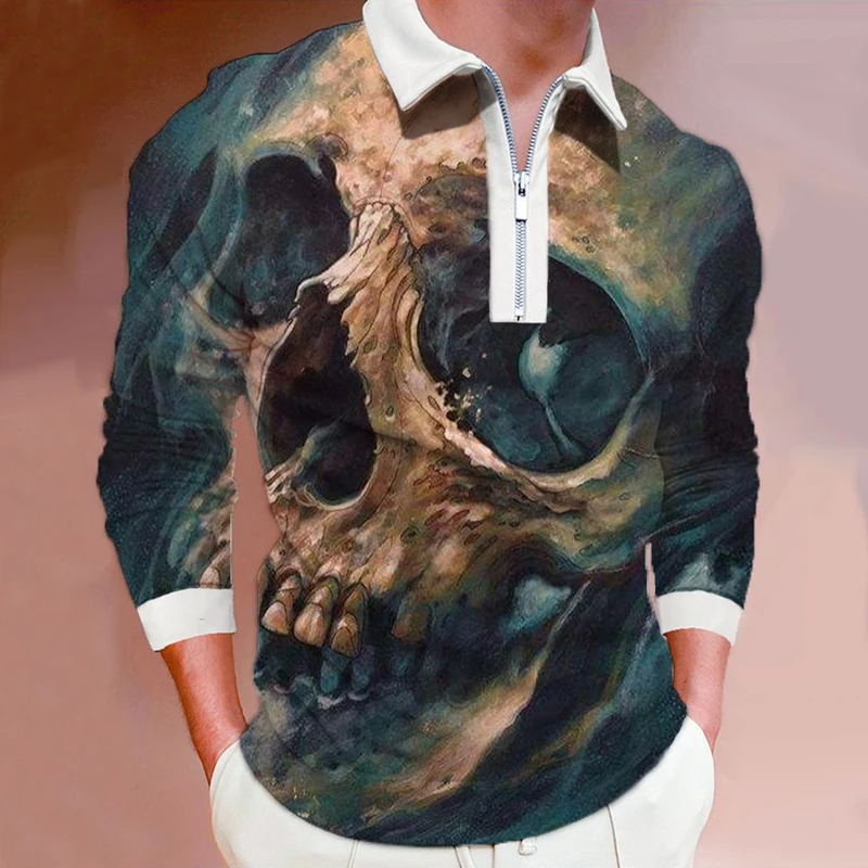 

Halloween Skeleton Fashion 3D Print Polo Zipper Long Sleeve Shirt for Men Button Down Fashion Shirt