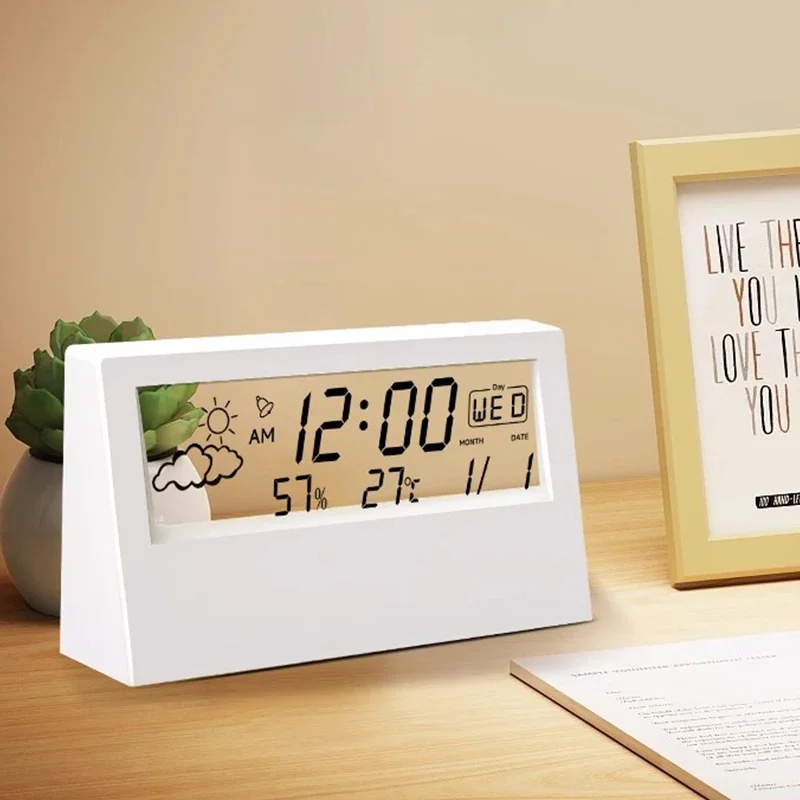 LCD Desktop Alarm Clock Transparent Calendar Weather and Digital Temperature and Humidity Display Home Appliance Smart Life — view 6