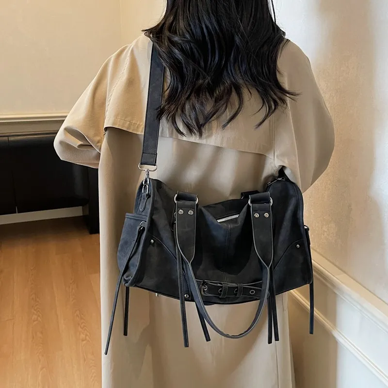 PU Leather Retro Motorcycle Handbag Large Capacity Belt Buckle Underarm Bag Cool Girl Sling Bag Work Date Shopping Handbag