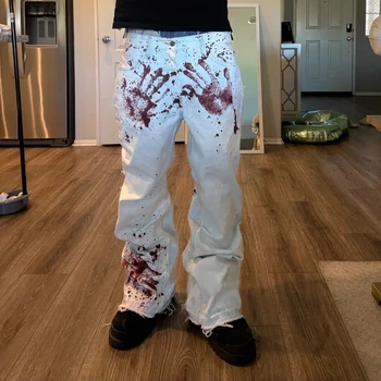 Y2K Harajuku White Men Baggy Jeans Retro Horror Blood Handprint Printed Fashionable High Street Hip Hop Unisex Wide Leg Pants 1