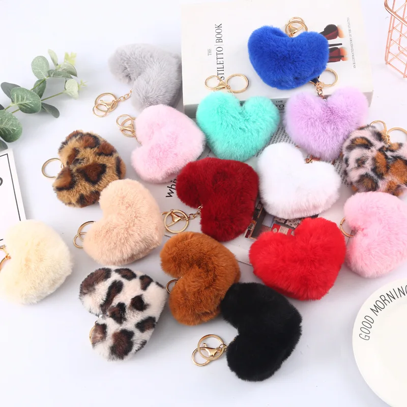 12 Pieces Colored Pom Pom Keychain Bulk Heart Fluffy Fur Puff Ball