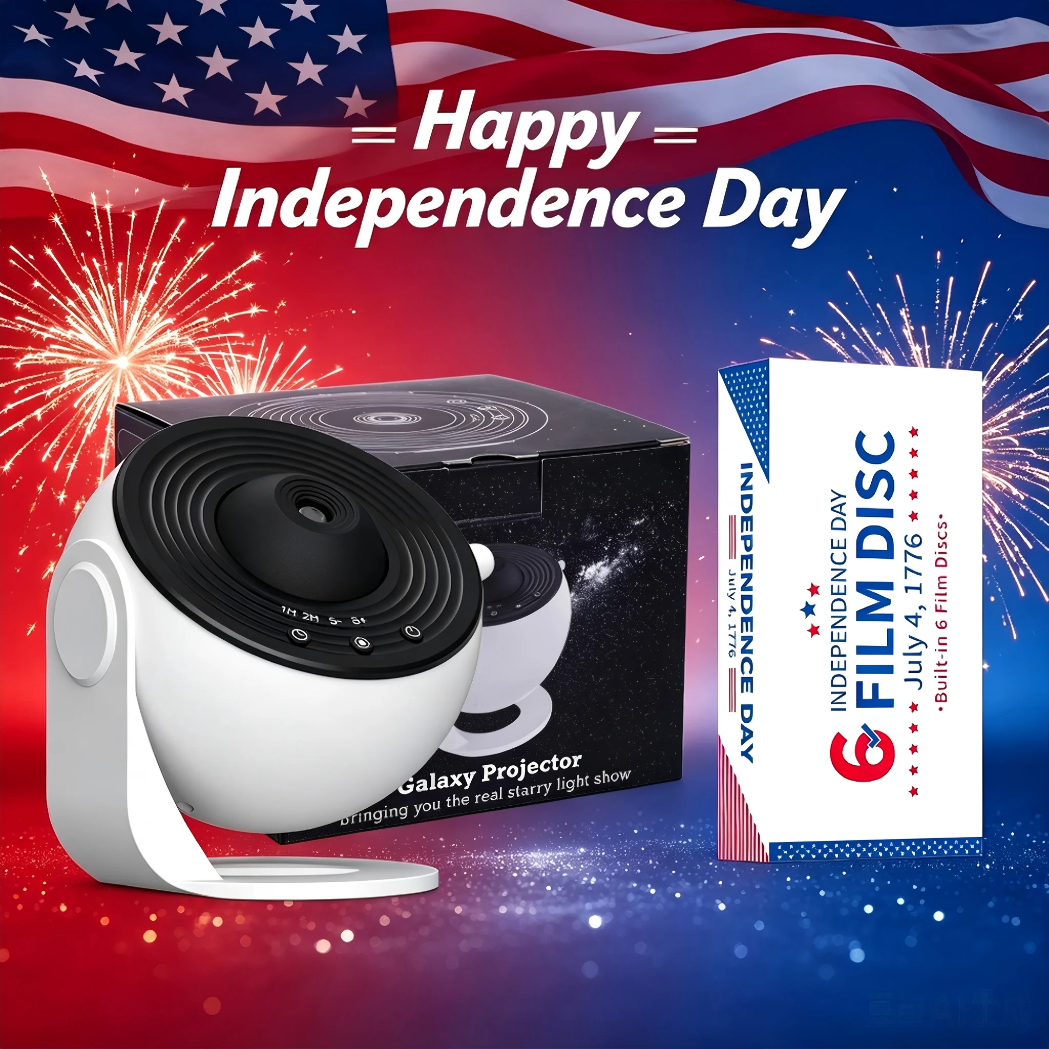 19-in-1 Galaxy Projector Starry Sky Night Light, 360° Rotate Planetarium Lamp with Independence Day Film Discs, LED Star Projector for Bedroom Home Decor, July 4th Patriotic Party Light, Kids Adults Gift, Timed & Adjustable Brightness