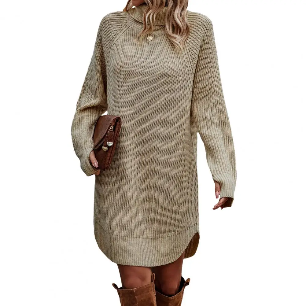 

Sweater Dress Ribbed Knit Turtleneck Trendy Autumn Winter Women's Streetwear with Side Split Hem Long