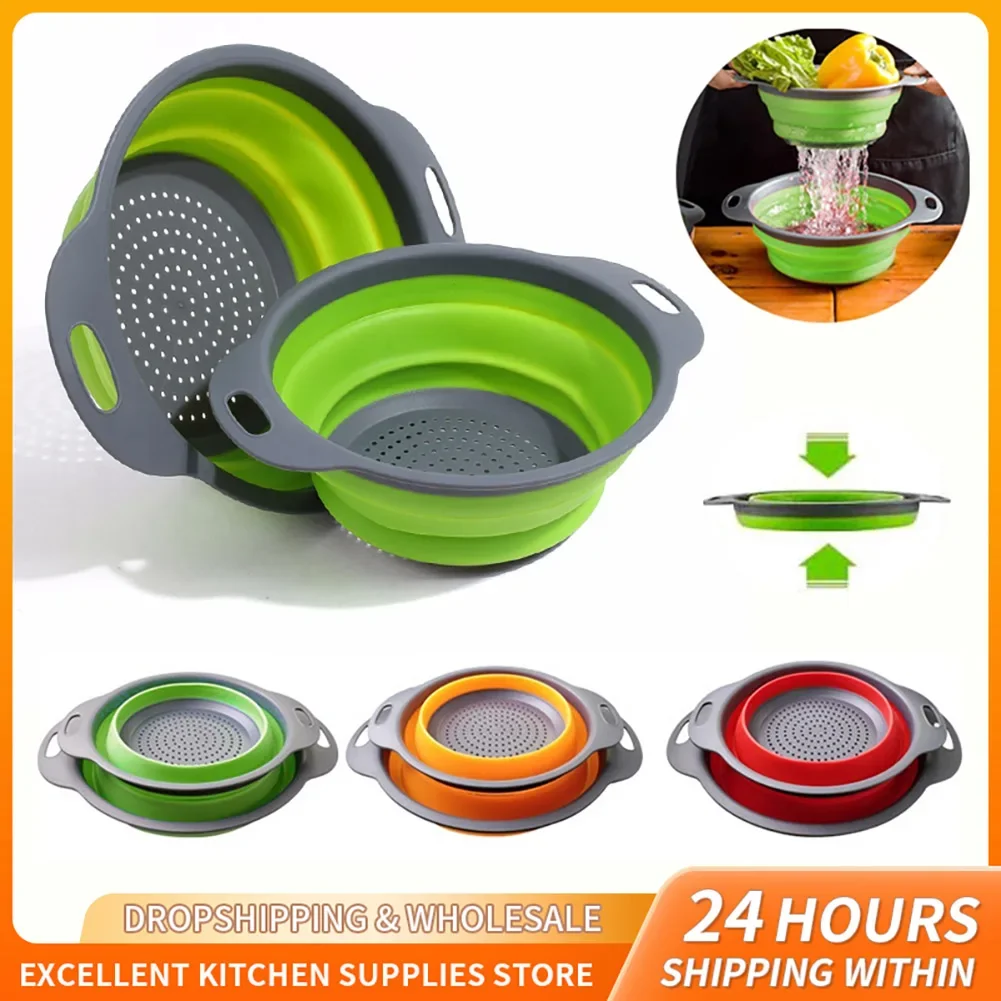 Silicone Round Folding Vegetable Fruits Washing Drain Basket Collapsible Colander Strainer Basket Kitchen Gadgets