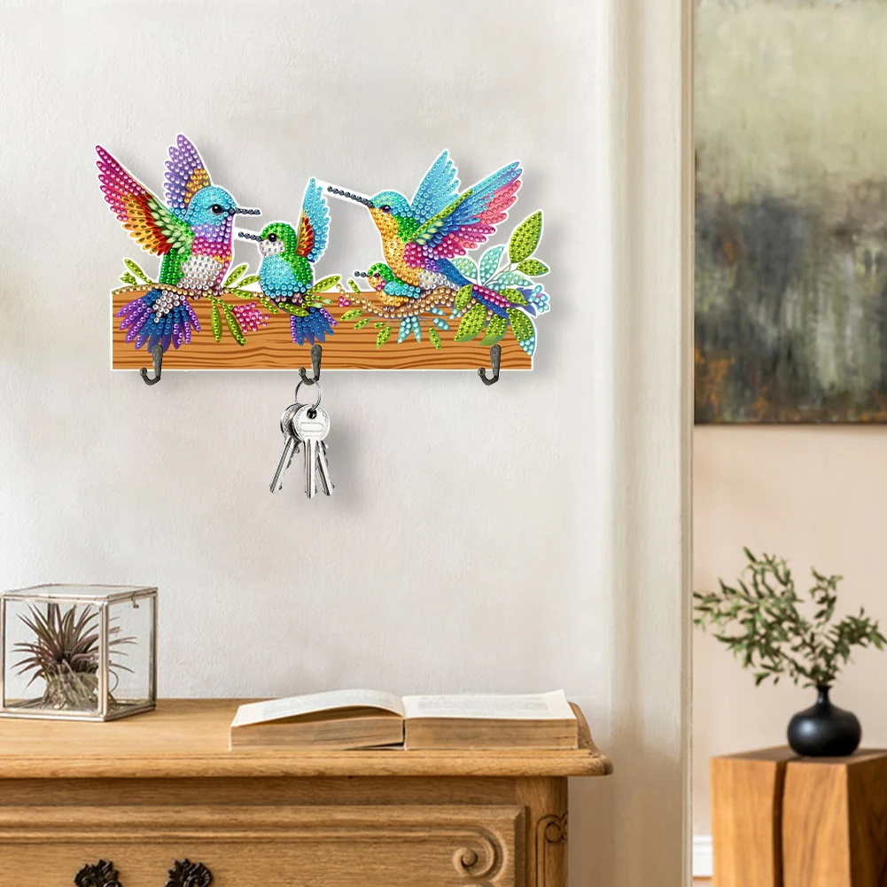 Bird Wooden Diamond Art Craft Wall Hooks with 3 Hooks Diamond Painting Hook Rail Rhinestone Painting Coat Hook for Wall Cabinet