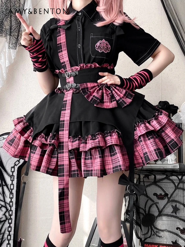 

Lolita Hot Girl High Waist Slim Skirt Autumn New Japanese Gothic Sweet Cute Bow Lace-up Patchwork Plaid Ball Gown Skirts Women