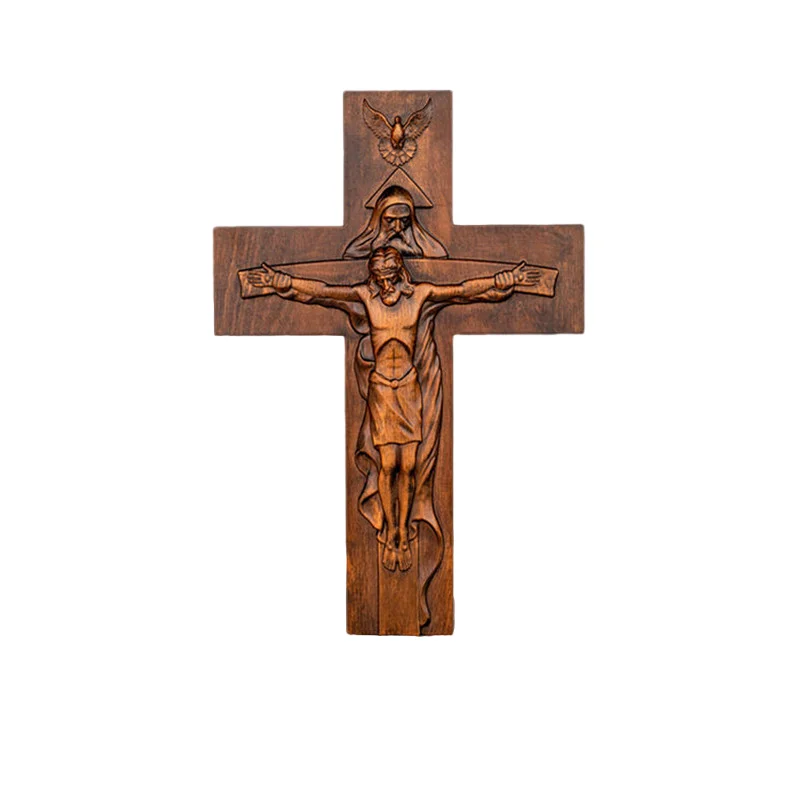 Holy Bible Trinity Cross Faggio Cristo Carving Wood Church Fater E Son Statue Wall Decor Figure Natalizie
