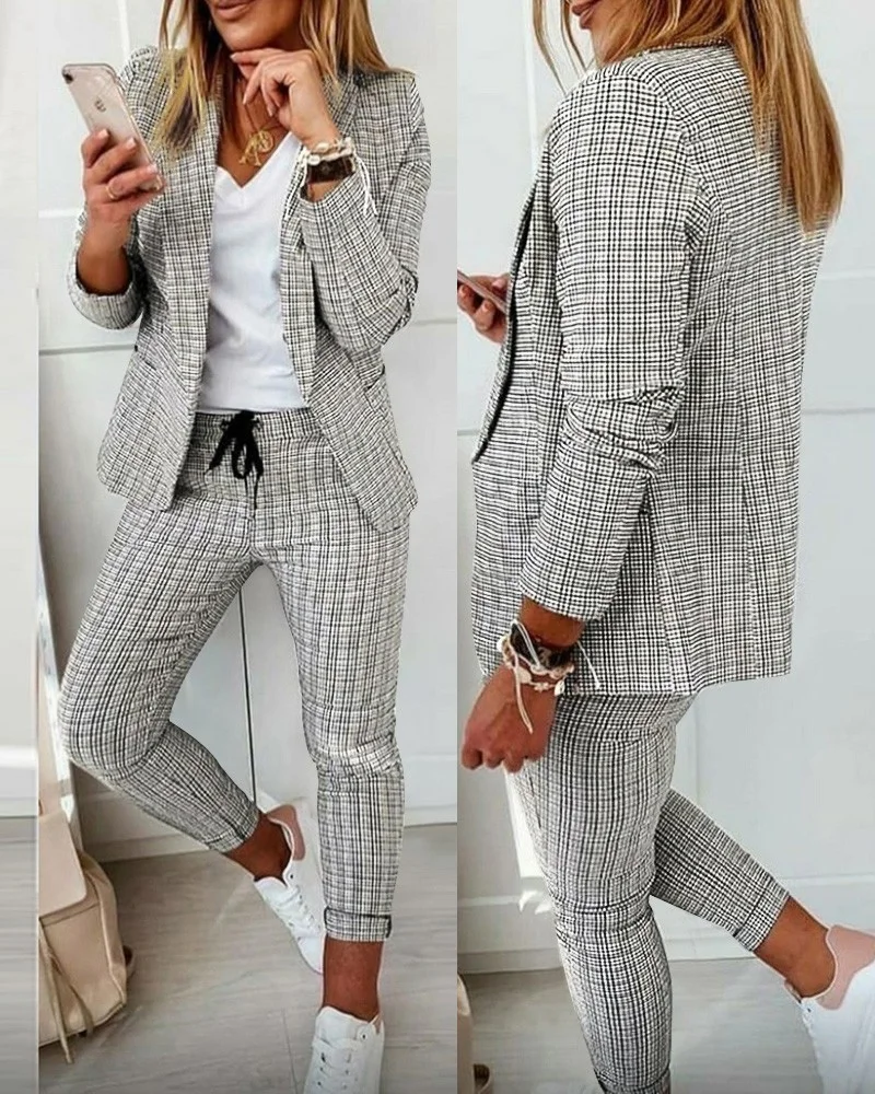 Double-breasted Lapel Check Blazer Jacket Trousers Suit Long-sleeved Jacket Two-piece Office Ladies Suit Autumn Casual Work Suit