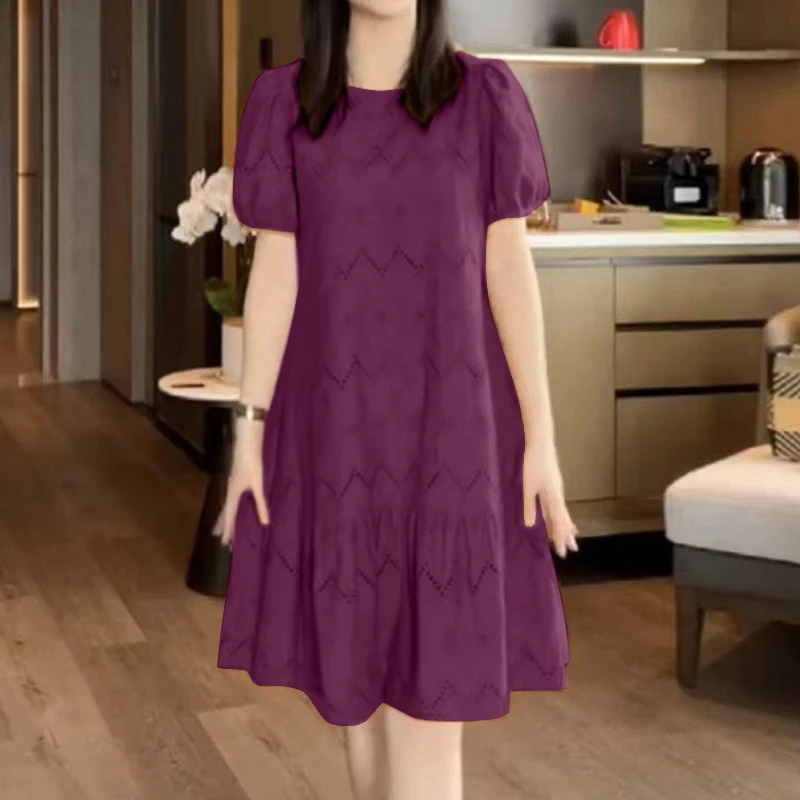 ZANZEA Damen-Kleid mit durchbrochenem Stickerei, 2022, Sommer, O-Ausschnitt, kurze Puffärmel, Patchwork, einfarbig, knielang, Kleider, 4 Farben – Detail 10