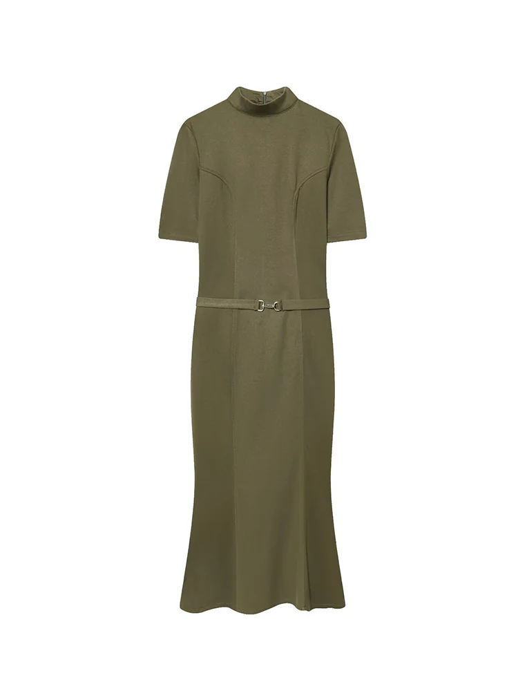 Spring New Women's Elegant Long Dress Fashion Turtleneck Belt Solid Color Party Dress Vintage Temperament Female Clothes