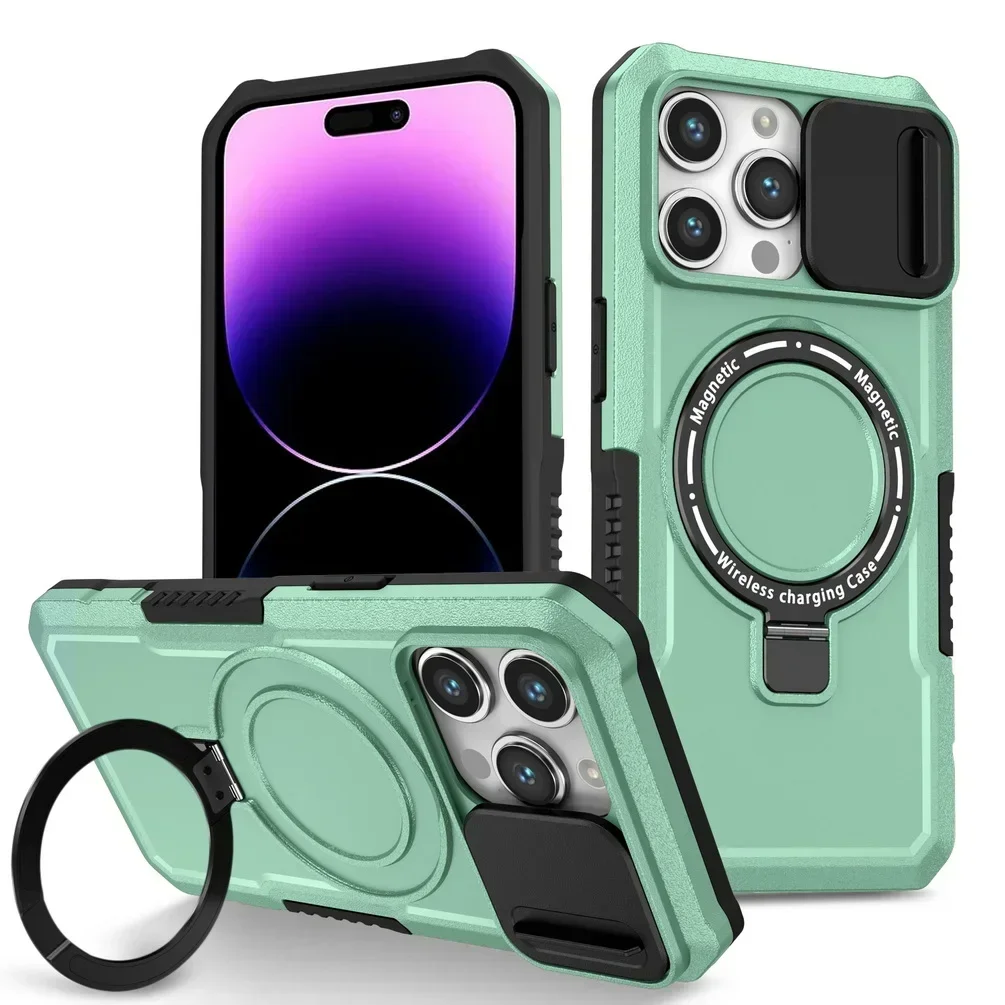 Luxury Metal Phone Case with 360° Built-in Bracket and Sliding Camera Protection