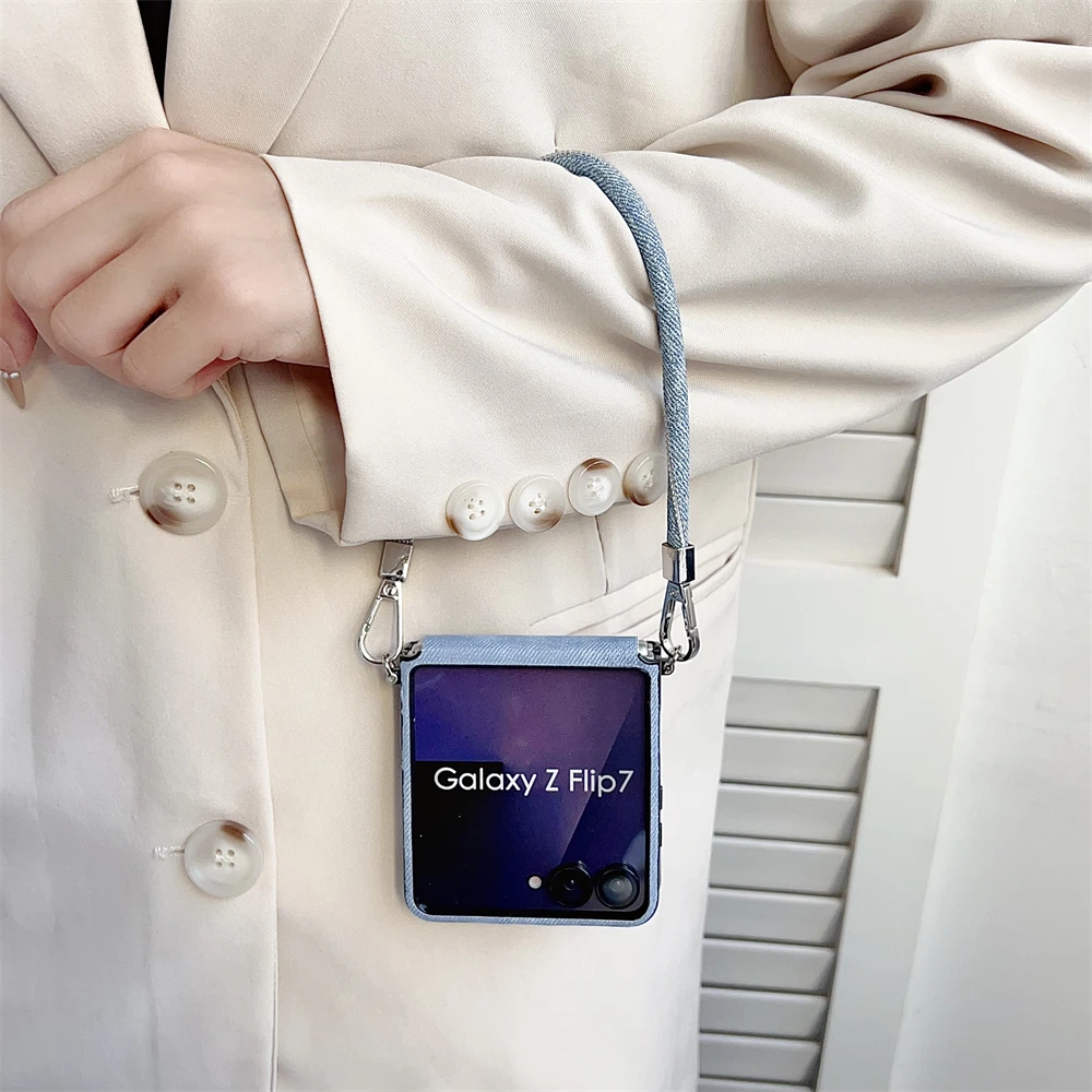 Luxury Denim Leather Phone Case with Lanyard and Wrist Strap - Slim Cover Design