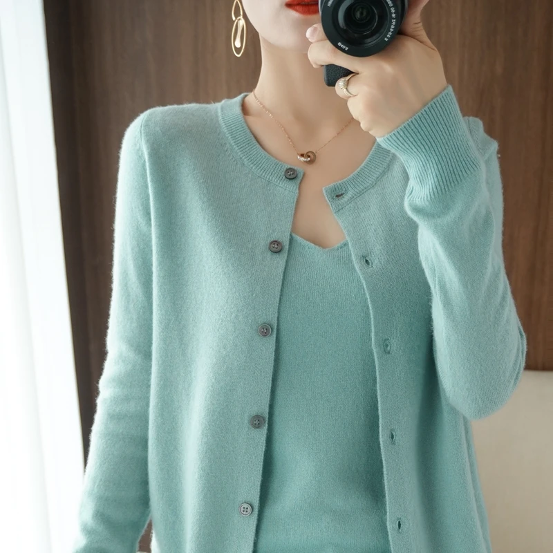 2022 Spring and Autumn 100% Pure Wool Cardigan Coat Women's Round Neck Top Cashmere Sweater Knitted Bottoming Shirt Outer Tower ugly christmas sweater Sweaters