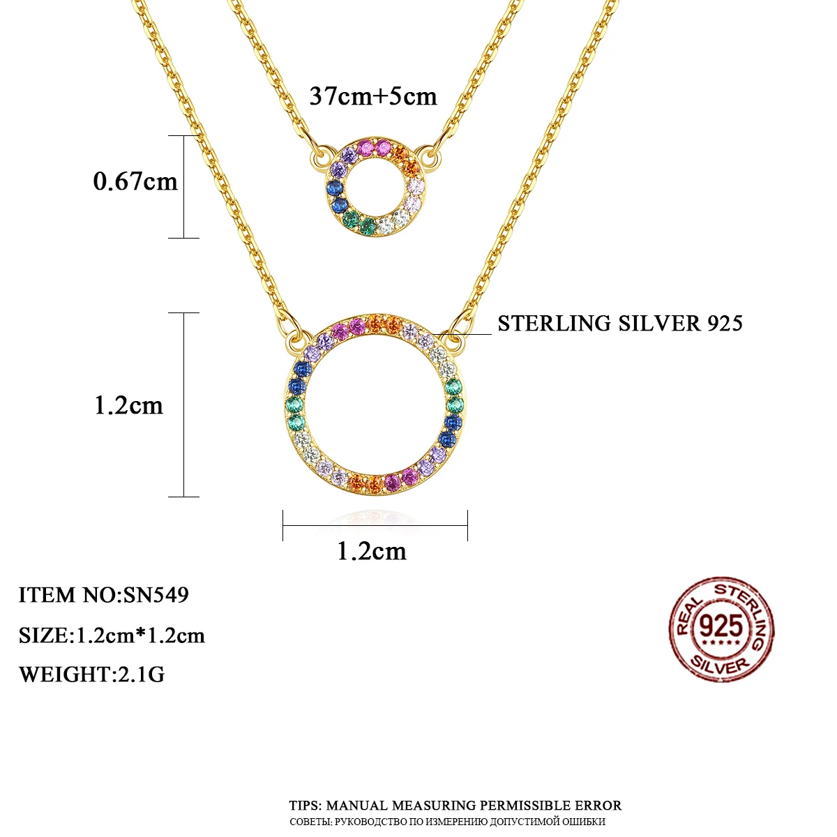 Collane con zirconi cubici piccoli CZ in argento sterling con cerchio a doppio strato, colore arcobaleno, davvero fini_voghion.com