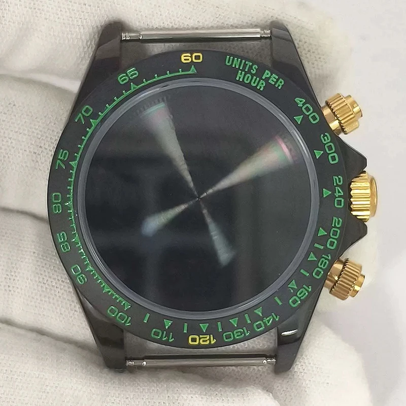 316L Edelstahl 39mm VK63 Gold-Grün Uhrengehäuse Saphirglas Keramiklünette Passend für VK63 Quarzwerk Uhrenzubehör