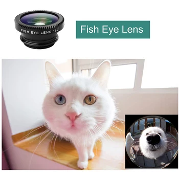 Obiettivo per cellulare 3 in 1 (fish eye + grandangolo + macro) leggero con clip universale per iPhone, Xiaomi, Huawei