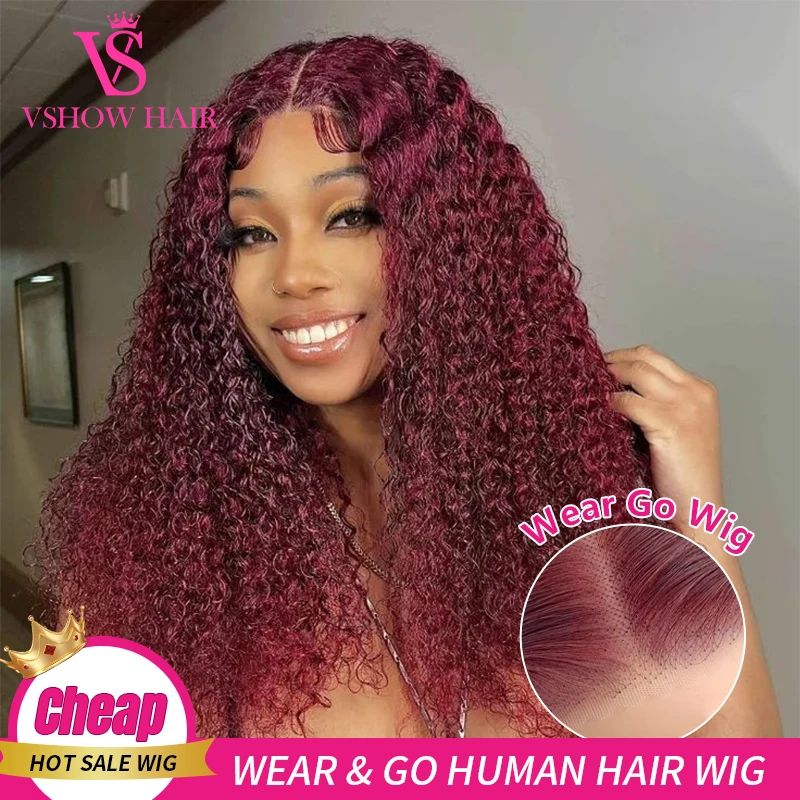 

Wear And Go 99J Red Burgundy Kinky Curly Glueless Human Hair Wig Preplucked 4x4 HD Lace Closure Ready To Wear For Women On Sale