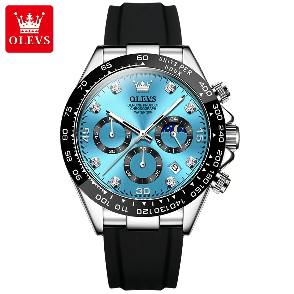 

OLEVS Watches for Men Chronograph Analog Quartz Watch Moon Phase Silicone Diamond Waterproof Luminous Quartz Wrist Watches 2875