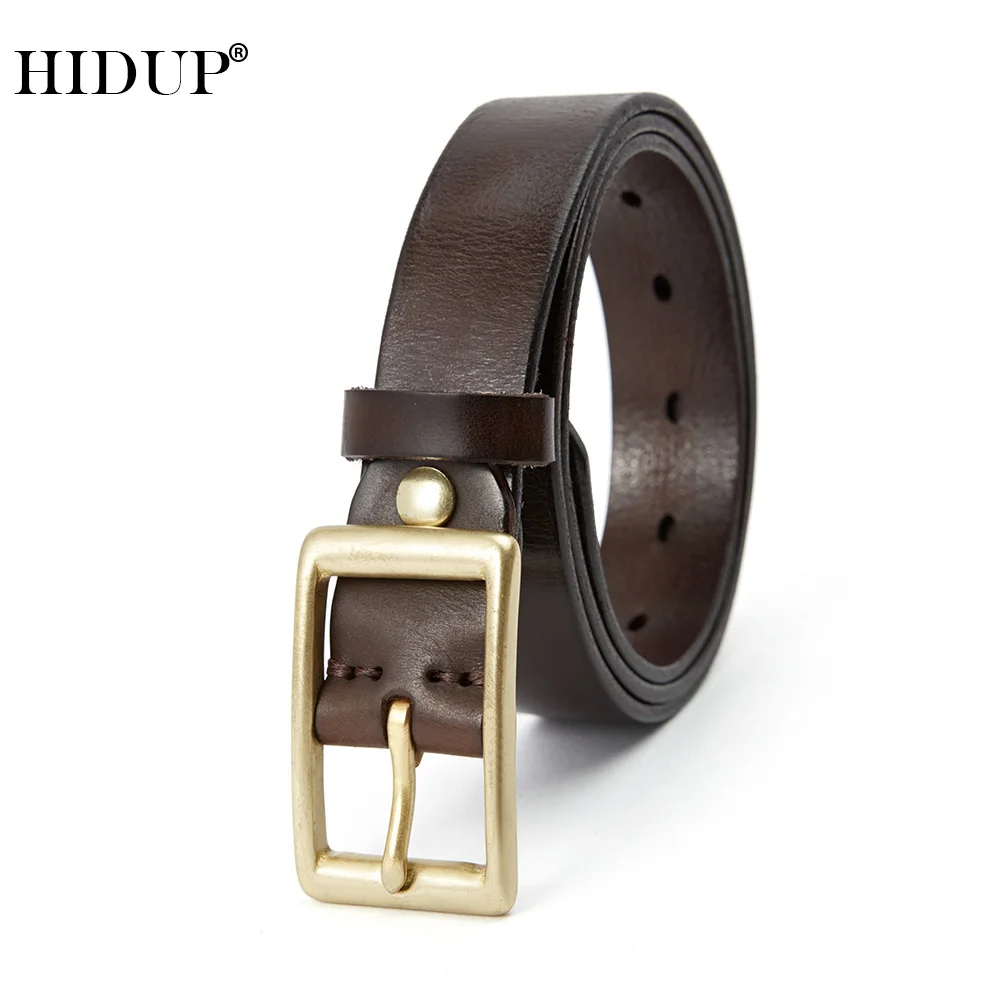 

HIDUP Top Quality 100% Pure Cow Skin Leather Belts Brass Pin Buckle Metal Retro Style Cowhide Belt Female Accessories 2.8cm Wide