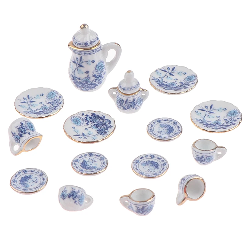 15Pcs 1:12 Dollhouse Miniature Tableware Porcelain Ceramic Tea Cup Set