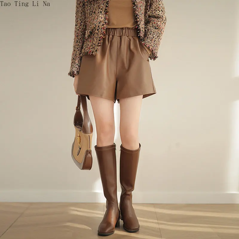 2023 New High Waist Casual Genuine Sheepskin Leather Shorts Loose Wide Leg Comfortable Real Leather Shorts W26