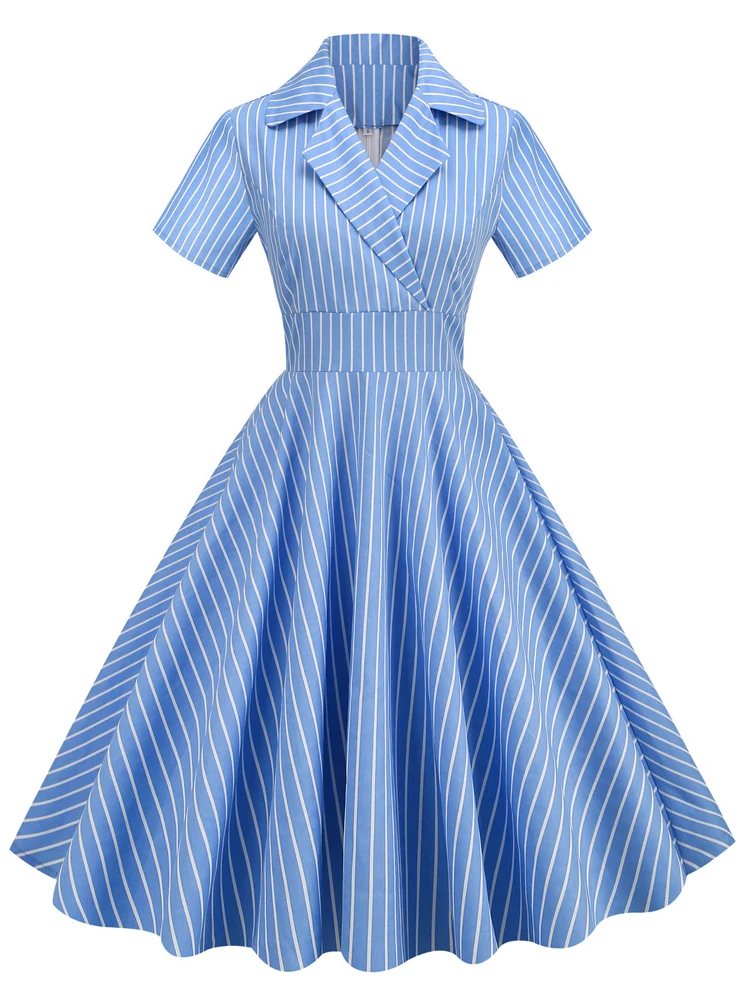 

Notched Collar Striped High Waist Vintage Outfits for Women Short Sleeve Mid-Calf Length Midi Dress 2023 Elegant فساتين السهرة