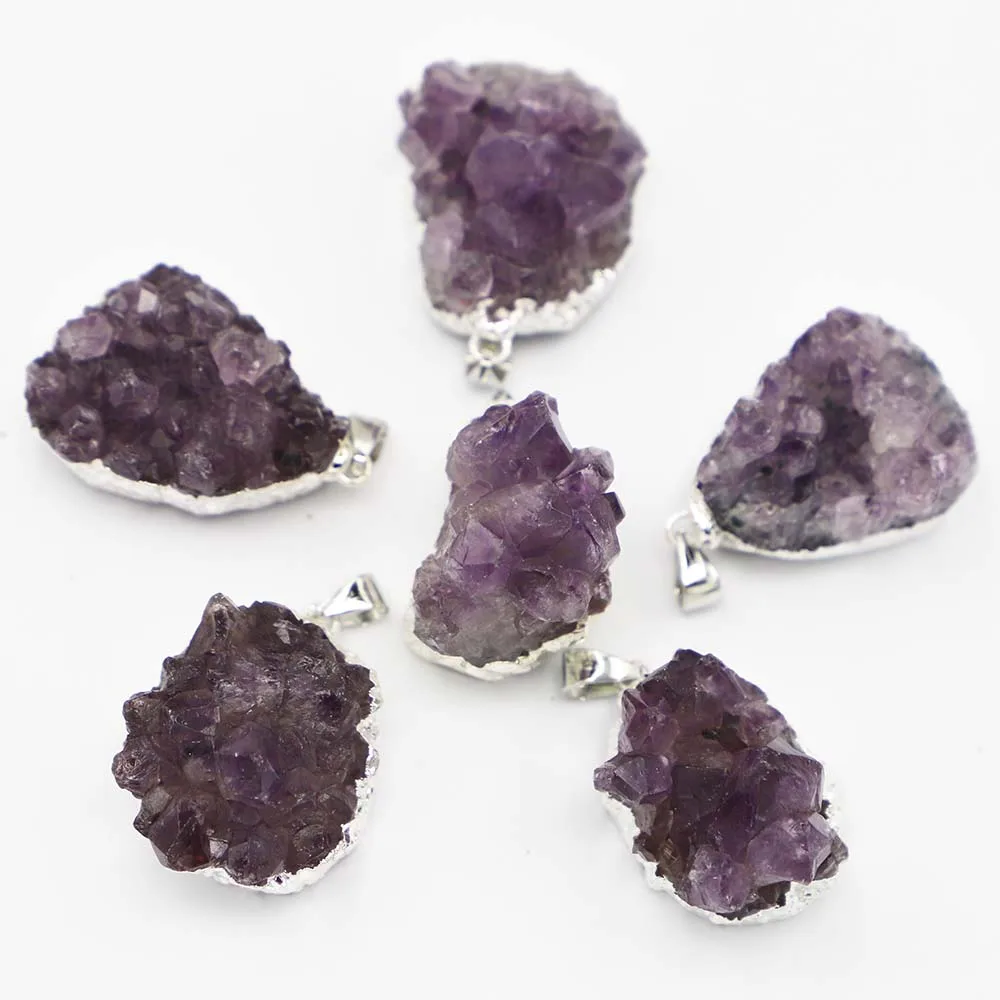Natural Stone Raw Ore Amethyst Pendant Irregular Silver Edge Quartz Quality Purple Crystal Necklace Jewelry Gift Wholesale 10Pcs