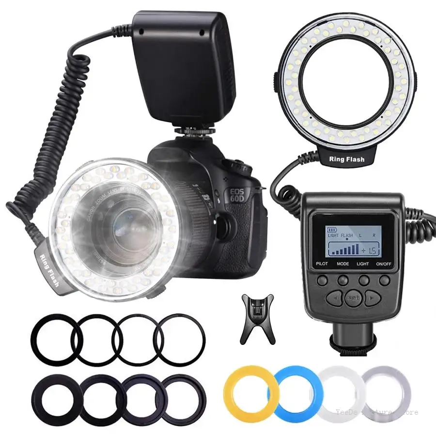 RF-550D 매크로 LED 링 플래시, 캐논 니콘 펜탁스 올림푸스 DSLR 카메라 플래시 매크로 사진 도구, 8 어댑터 링 포함