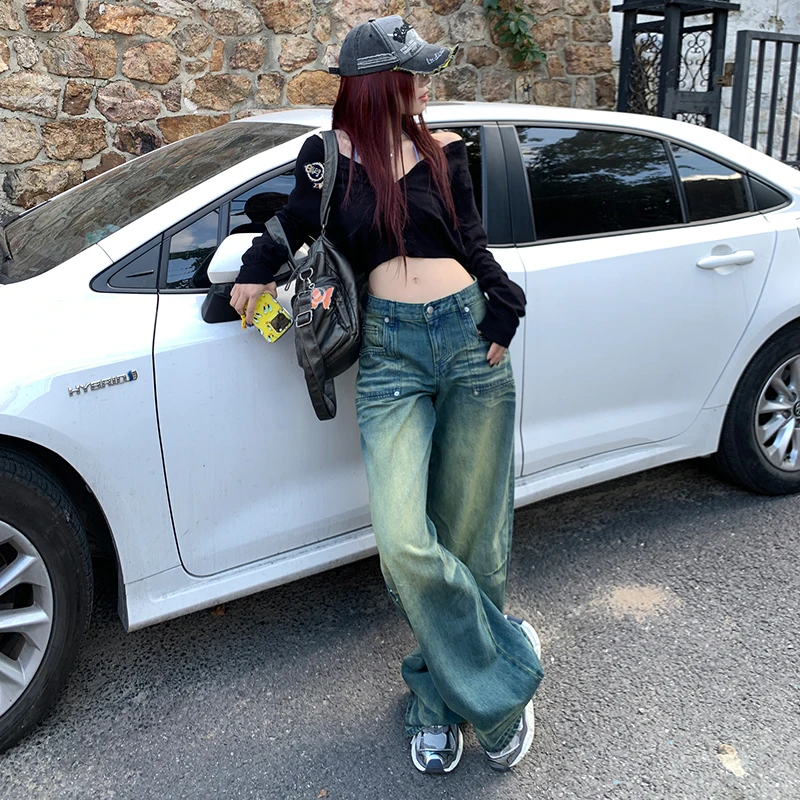 2023 Autumn Retro Water Pattern Wash Style Women's Trendy Wide Leg Jeans 2022 street wear white old wash water pattern pants brown loose retro straight four season locomotive handsome men s jeans