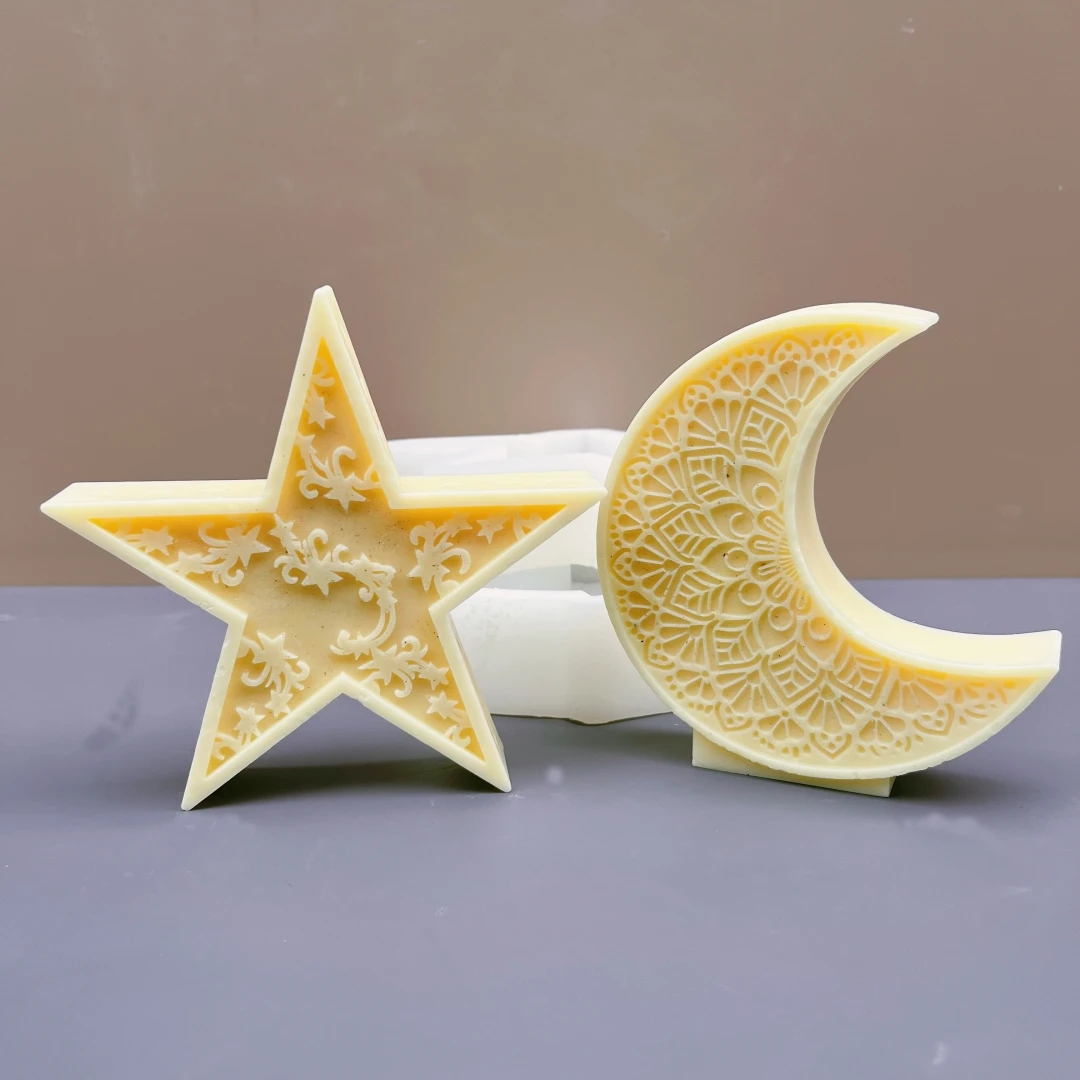 Description Picture 3 of itemRamadan Festival carving pattern moon candle silicone mold pentagonal star moon pattern candle mold resin gypsum concrete mold