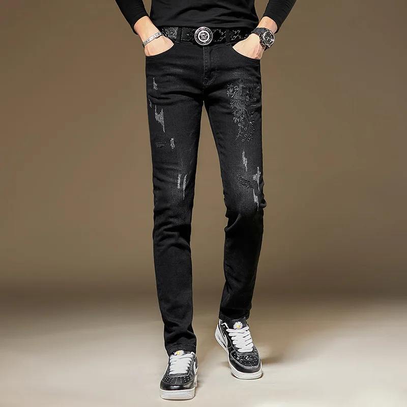 EH · MD® Heavy Industry Embroidered Jeans Men's Rose Double Crane Crane Chinese Style Slim Small Foot Stretch Youth Long Pants