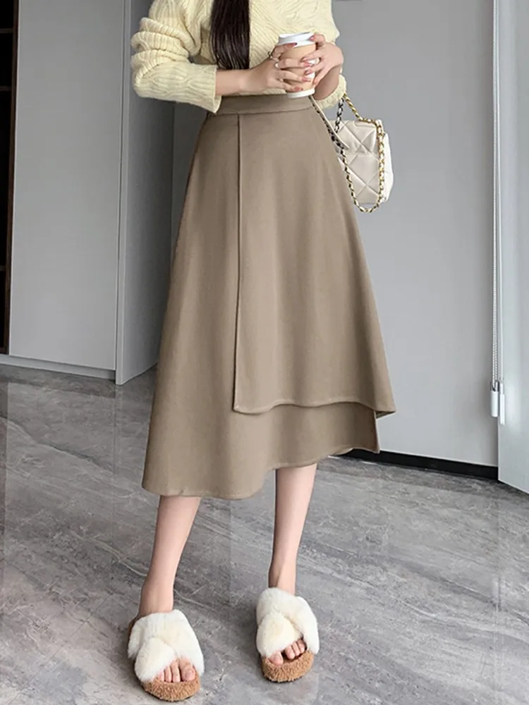 

High Waist A-line Long Skirt Women New Arrival 2023 Autumn Korean Style Solid Color Basic Woolen Ladies Elegant Skirts W1351