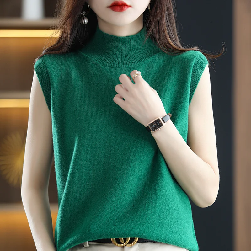 

Футболка из чистой 100% шерсти, новинка весны/лета, Женский пуловер с коротким рукавом и высоким воротом, облегающие вязаные топы