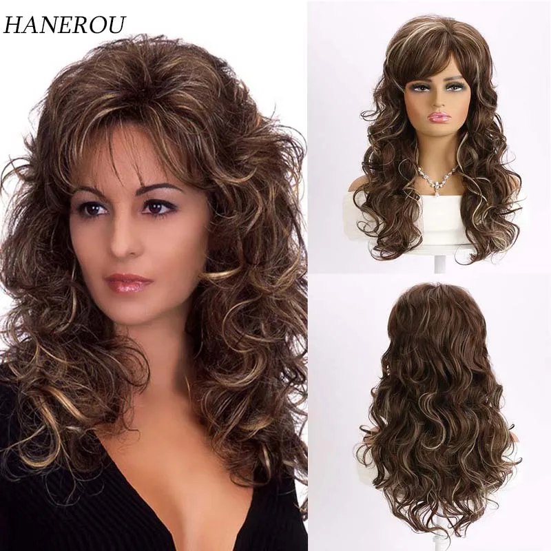 Synthetic Mixed Brown Wigs  Long Wavy Wig With Bangs for Women Daily Cosplay Party High Temperature Fake Hair