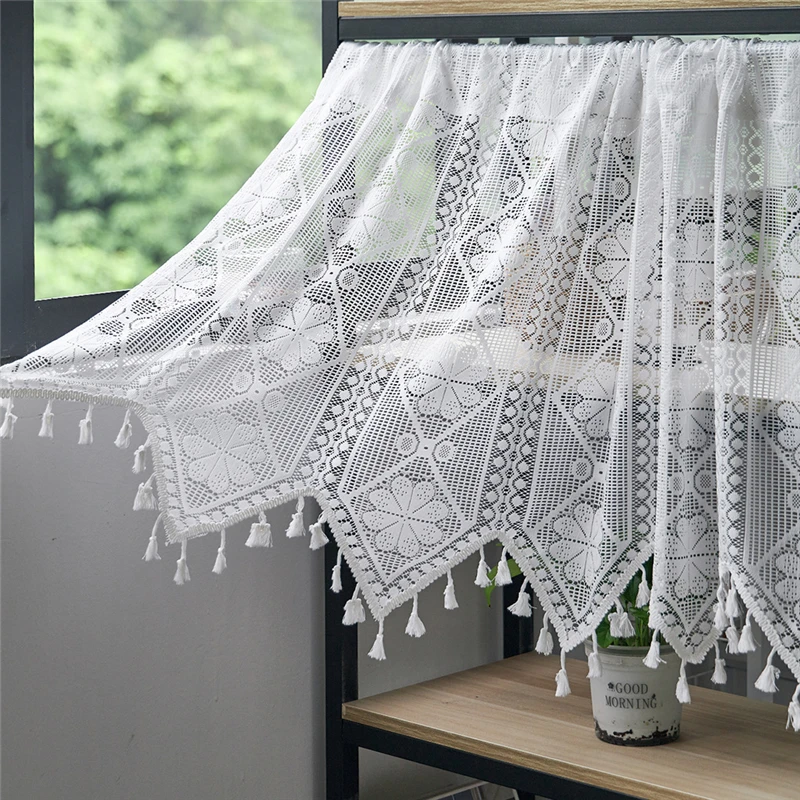 American Country Crochet Wave Hollow Short Curtains for Roman Window Kitchen Manual Rhombus Tassels Half Curtains Valance #A594 6