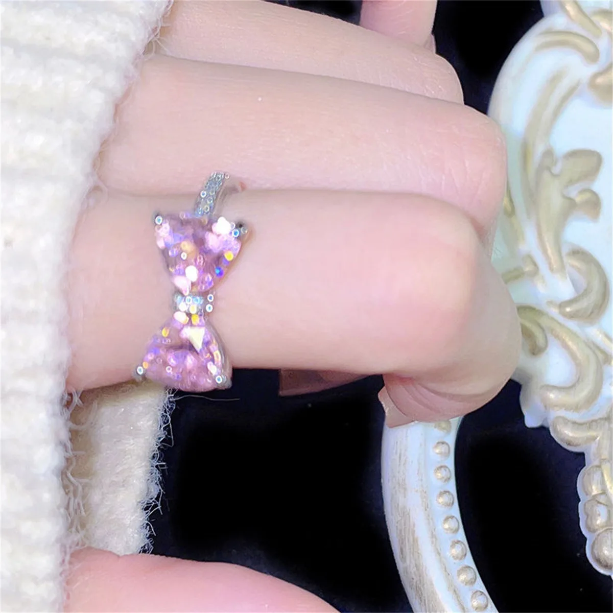 Fashion Sparkling Pink Bow Rhinestone Rings Y2K Sweet Girls Zircon Exquisite Opening Finger Ring for Women Party Jewelry Gifts zircon rings,crystal rings