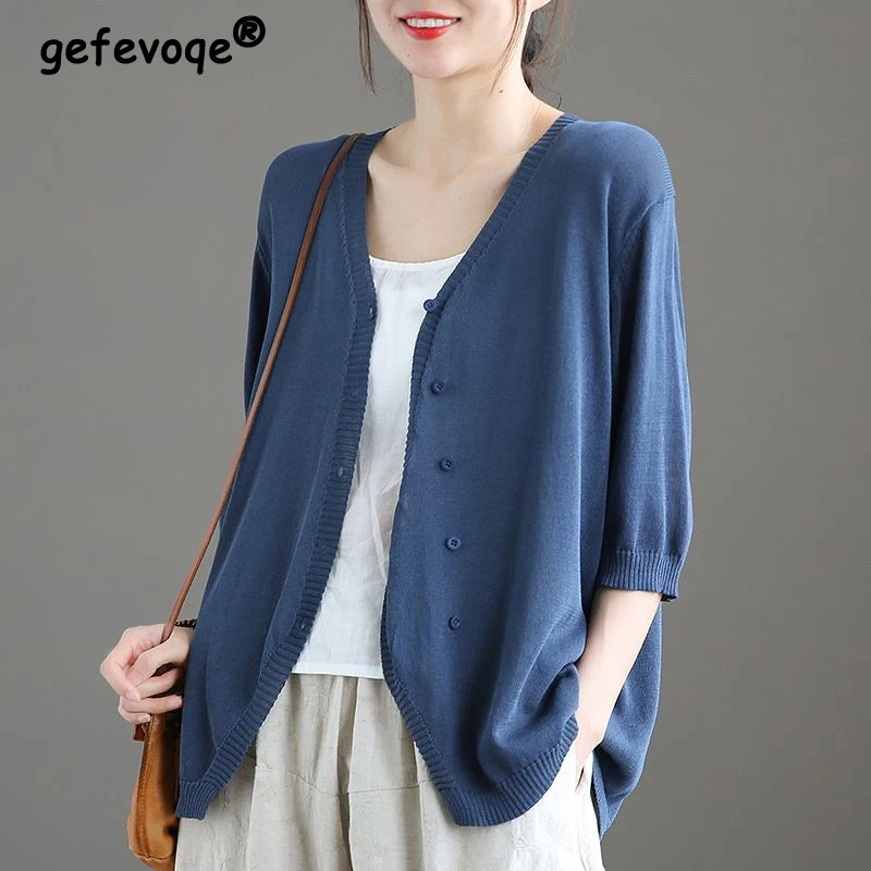 

Spring Summer Vintage Simple Single Breasted V-neck Thin Knitted Sweater Cardigans Women Casual Solid Loose Half Sleeve Knitwear