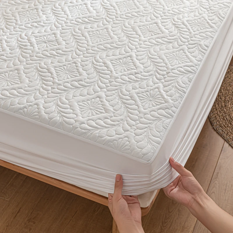 Washed Cotton Waterproof Padded Fitted Sheet 2025 Simple Solid Color Washed Cotton Waterproof Padded Fitted Sheet No Pillowcase Household Mattress Protective Cover