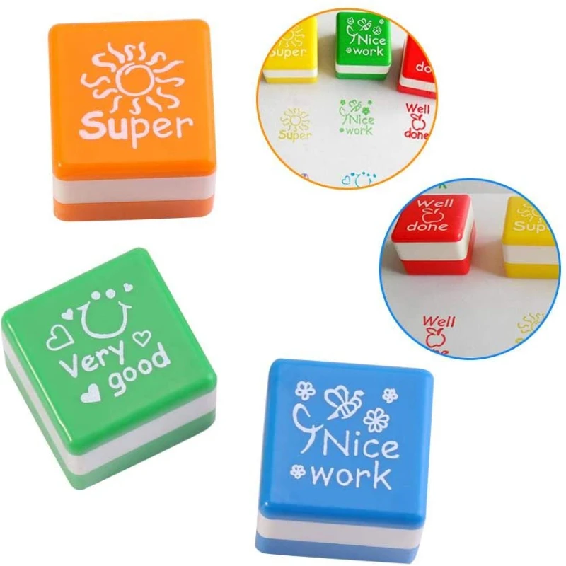 6PCS Cute Cartoon Kid Stamp Kindergarten Teachers Reward Stamper Motivation Praise Seal DIY Colorful English Words Children Toy
