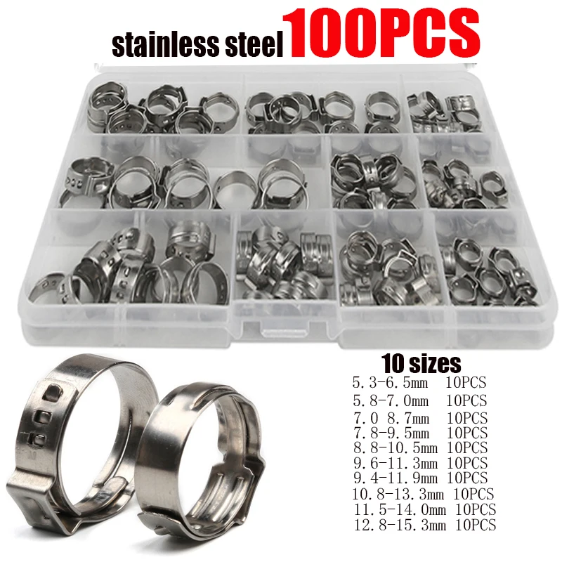 

In Box 100pcs 5.3-15.3mm Hose Clamps Single Ear Hose Clamp 304 Stainless Steel Assortment Kit Single Hose Clips Ear Pipe Clamps