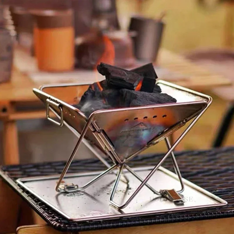 Outdoor Fire Pits Camping Picnic Firewood Charcoal Stove Stainless Steel Folding Barbecue Stove Brazier Table Cooking Table Z