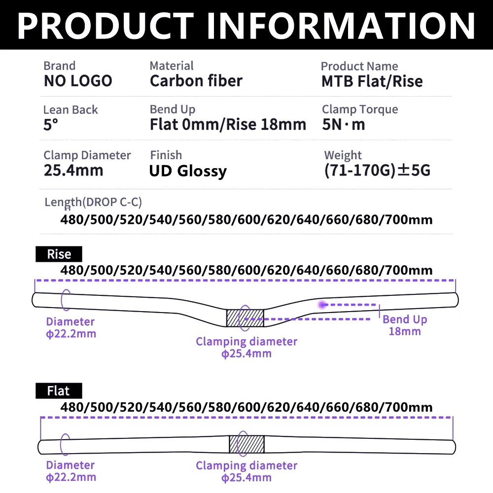 NO Black Glossy Carbon Handlebar 25.4mm Kids' Bike Folding Bicycle MTB Horizontal Handle Bar 480mm-700mm
