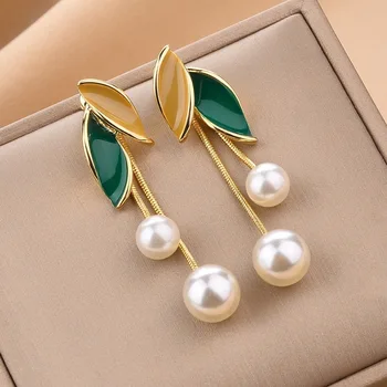 New Fashion Trend Unique Design Elegant Delicate Light Luxury Pearl Leaf Tassel Earrings Women Jewelry Party Premium Gifts