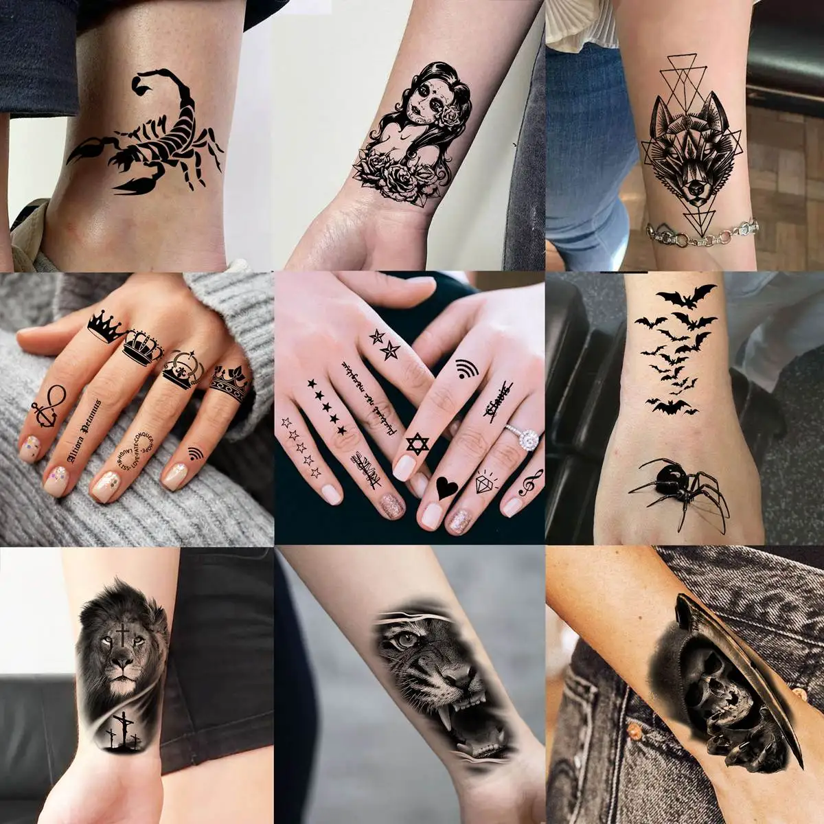 60 Sheets Ferocious Lion Tiger Temporary Tattoos For Men Women Arm Neck Devil Skull Tattoo Black Wolf Dragon Tatoo Small Desgin 5