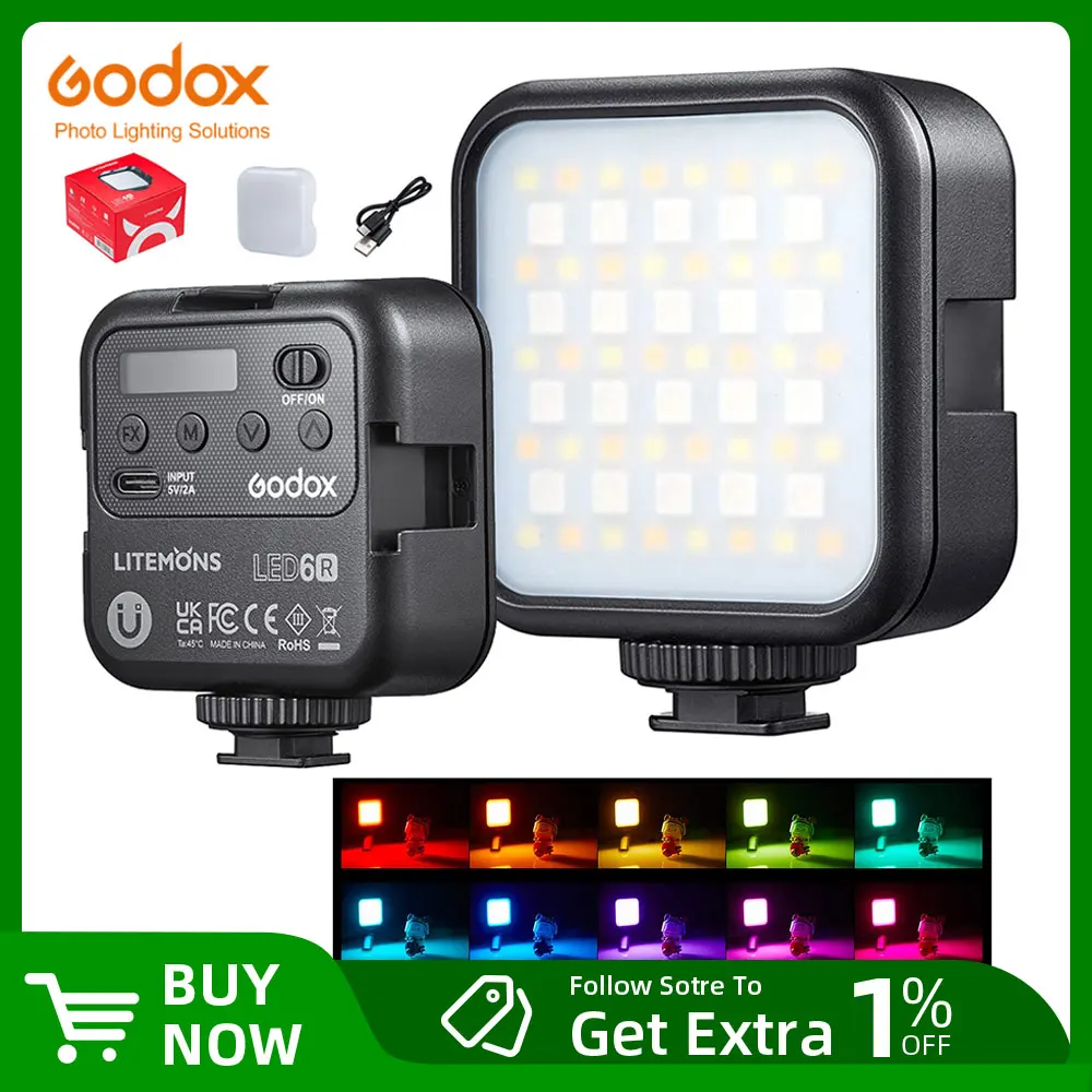 Godox LED 6R RGB Video Light,Dimmable 0-360 Full Color 3200K-6500K 13 FX Effects Built-in 1800mAh Li-ion Battery for Video Light