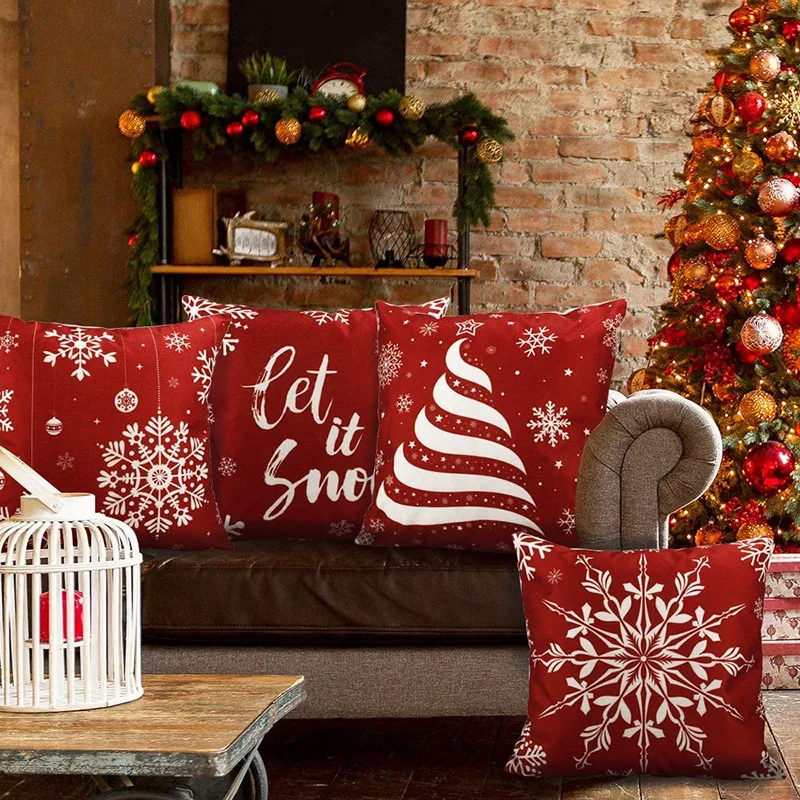 

4 PCS Christmas Pillowcase Red Pillowcase Wholesale Sofa Cushion Linen Printed Cushion Bedside Cushion Christmas Decoration