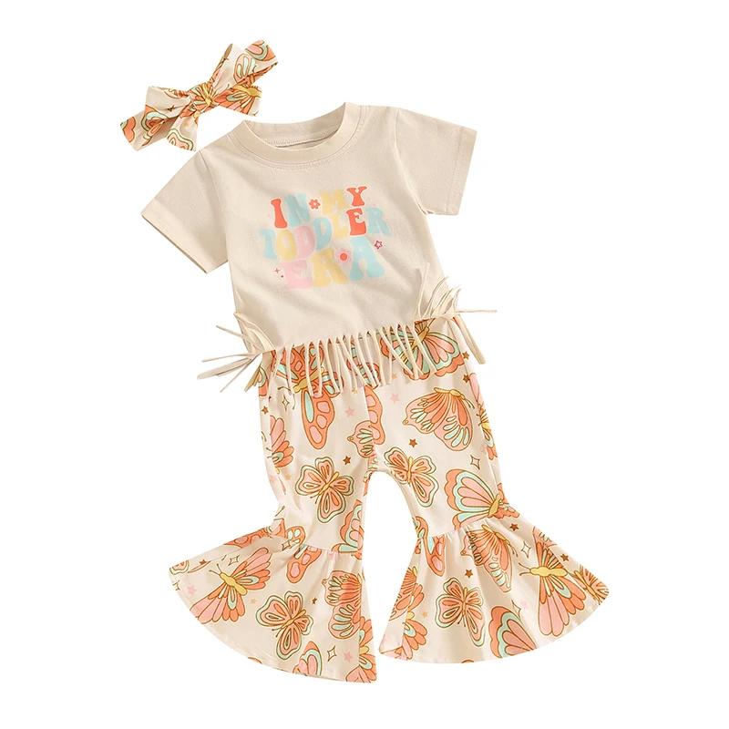 

Toddler Baby Girls Summer Outfit Short Sleeve Tasseled T-shirts Butterfly Flare Pants Headband 3Pcs Clothes Set