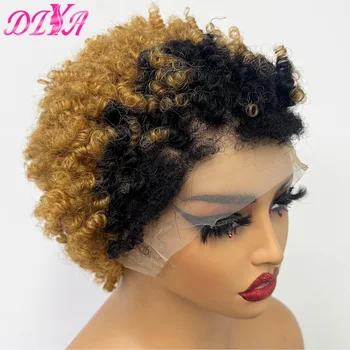 T1B/30 Colored 4C Hairline Afro Kinky Curly Short Human Hair Wigs 13x4 Lace Frontal Edges Afro Kinky Curly Hair Wig for Women 1