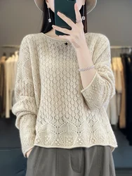 Autumn Winter High Quality 100% Merino Wool Women Pullover Hollow Salsh Neck Geometric Cashmere Sweater Female Clothing Top