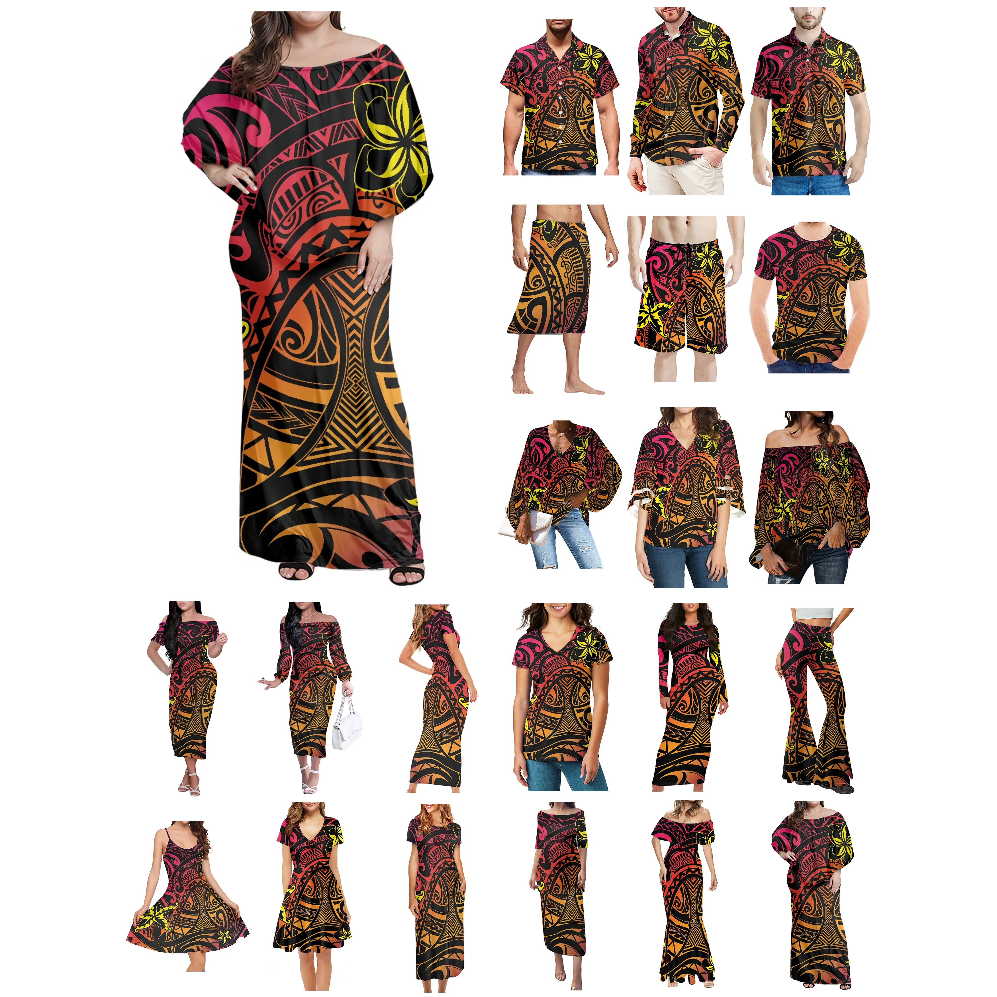 

Polynesian Tonga Hawaii Fiji Guam Samoa Pohnpei Tribal Tattoo Prints Clothes Women Dress Matching Men Shirt Red Lovers Clothes